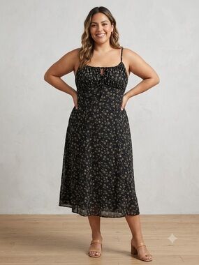 Hot Topic Black Midi Dress with Cream Floral Print